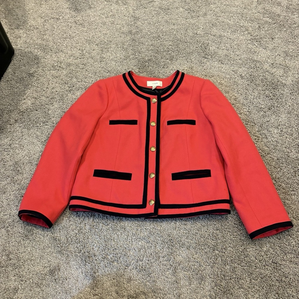 J. CREW Pink/Navy BlueTrim 100% Wool Blazer Jacket Gold buttons Size 6 Classic